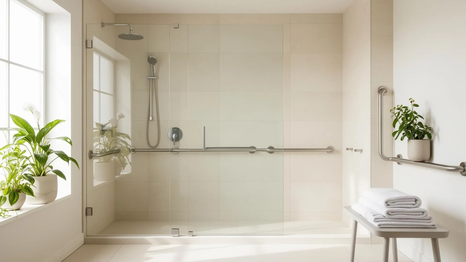 Barrierefreies Bad mit bodengleicher Dusche und Haltegriffen