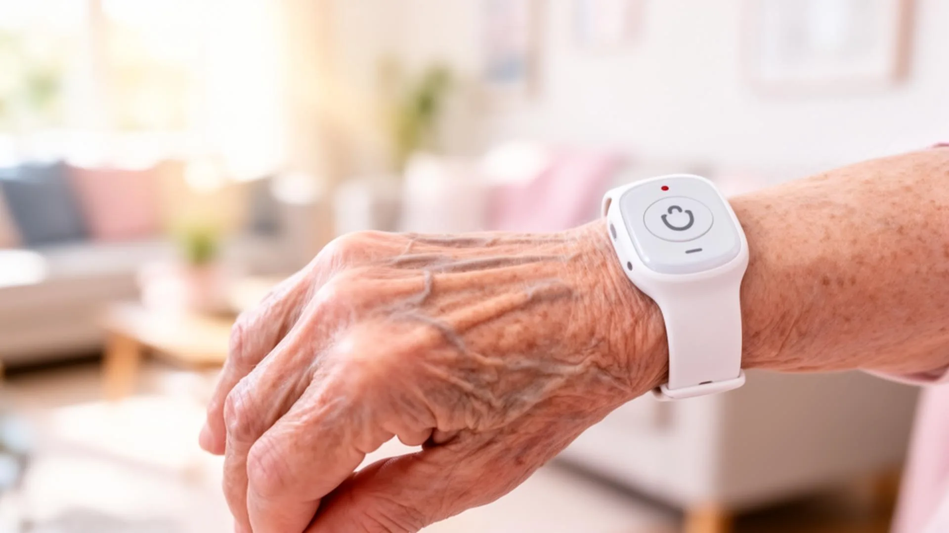 Hand einer Seniorin mit Hausnotruf-Knopf am Handgelenk