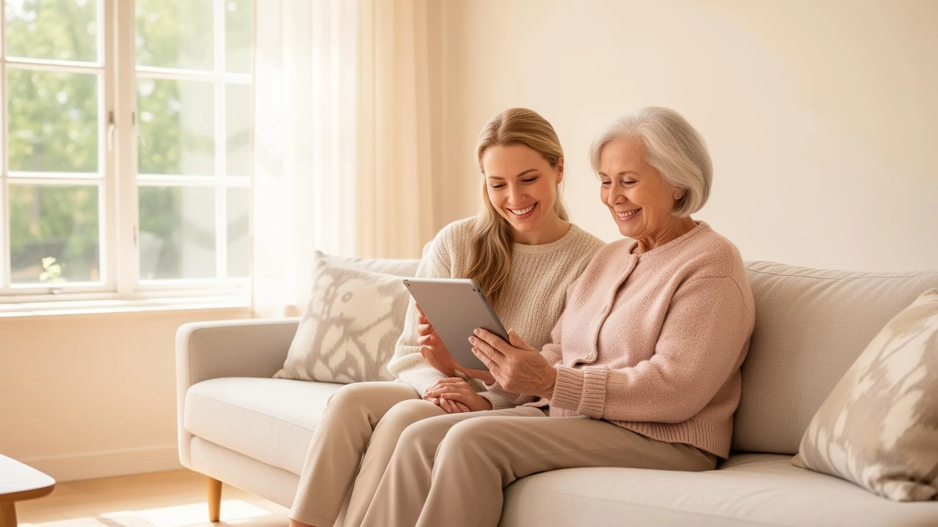Tochter und Mutter sitzen zusammen auf einem hellen Sofa und schauen lächelnd auf ein Tablet